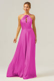 A Line Halter Ruched Satin Open Back Long Bridesmaid Dress with Flower