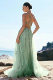 Green A-Line Spaghetti Straps Criss Cross Back Long Prom Dress with Appliques