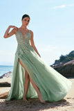 Green A-Line Spaghetti Straps Criss Cross Back Long Prom Dress with Appliques