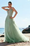 Green A-Line Spaghetti Straps Criss Cross Back Long Prom Dress with Appliques