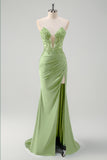 Green Strapless Mermaid Corset Pleated Long Prom Dress with Slit