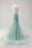 Blue Mermaid Spaghetti Straps Corset Long Prom Dress With Appliques