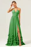 A Line Halter Lace Up Back Chiffon Long Bridesmaid Dress with Slit