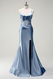 Royal Blue Mermaid Spaghetti Straps Satin Prom Dress with Sheer Corset Bodice