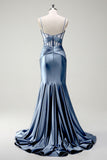 Royal Blue Mermaid Spaghetti Straps Satin Prom Dress with Sheer Corset Bodice