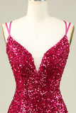 Stylish Fuchsia Spaghetti Straps Tight Homecoming Dress with Sequins