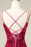 Stylish Fuchsia Spaghetti Straps Tight Homecoming Dress with Sequins