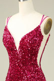 Stylish Fuchsia Spaghetti Straps Tight Homecoming Dress with Sequins