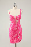 Gorgeous Hot Pink Bodycon Spaghetti Straps Glittler Homecoming Dress with Lace Up Back