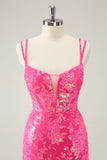 Gorgeous Hot Pink Bodycon Spaghetti Straps Glittler Homecoming Dress with Lace Up Back