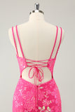 Gorgeous Hot Pink Bodycon Spaghetti Straps Glittler Homecoming Dress with Lace Up Back