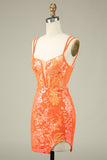 Gorgeous Orange Spaghetti Straps Tight Glittler Corset Homecoming Dress with Lace Up Back