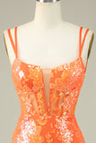 Gorgeous Orange Spaghetti Straps Tight Glittler Corset Homecoming Dress with Lace Up Back