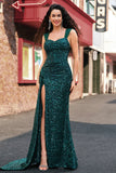 Sparkly Dark Green Sheath Sequins Pleated Long Prom Dress With Split