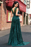 Sparkly Dark Green Sheath Sequins Pleated Long Prom Dress With Split