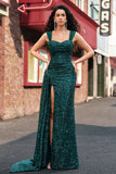 Sparkly Dark Green Sheath Sequins Pleated Long Prom Dress With Split