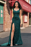 Sparkly Dark Green Sheath Sequins Pleated Long Prom Dress With Split