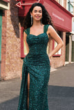 Sparkly Dark Green Sheath Sequins Pleated Long Prom Dress With Split