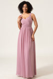 Dusty Rose A-Line Long Chiffon Bridesmaid Dress with Heart Shaped Open Back