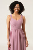 Dusty Rose A-Line Long Chiffon Bridesmaid Dress with Heart Shaped Open Back