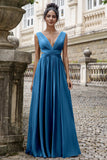 Ink Blue A Line V Neck Pleated Backless Chiffon Maxi Dress with Lace Up Back