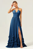 A Line Halter Lace Up Back Chiffon Long Bridesmaid Dress with Slit