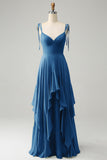 A Line Spaghetti Straps Chiffon Long Eucalyptus Bridesmaid Dress with Ruffles