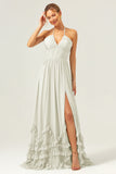 A Line Halter Lace Up Back Chiffon Long Bridesmaid Dress with Slit