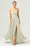 A Line Spaghetti Straps Pleated Chiffon Long Bridesmaid Dress with Slit