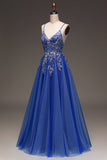 Royal Blue A Line Spaghetti Straps Sleeveless Sequin Long Prom Dress