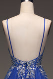 Royal Blue A Line Spaghetti Straps Sleeveless Sequin Long Prom Dress