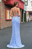 Sparkly Light Blue Mermaid Spaghetti Straps Sequins Long Prom Dress with Slit