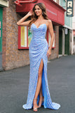 Sparkly Light Blue Mermaid Spaghetti Straps Sequins Long Prom Dress with Slit