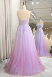 Sparkly Gradient Purple A Line Tulle Long Prom Dress With Appliques