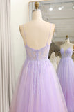 Sparkly Gradient Purple A Line Tulle Long Prom Dress With Appliques