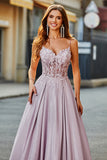 Sparkly Blush A-Line Long Applique Corset Long Prom Dress With Pocket