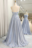 Glitter Grey Blue A-Line Spaghetti Straps Long Prom Dress With Appliques