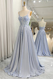 Glitter Grey Blue A-Line Spaghetti Straps Long Prom Dress With Appliques