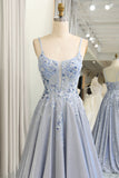 Glitter Grey Blue A-Line Spaghetti Straps Long Prom Dress With Appliques