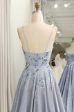 Glitter Grey Blue A-Line Spaghetti Straps Long Prom Dress With Appliques