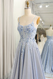 Glitter Grey Blue A-Line Spaghetti Straps Long Prom Dress With Appliques