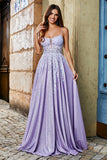 Glitter Lilac A-Line Spaghetti Straps Long Prom Dress With Beading