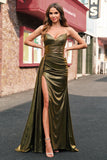 Sparkly Golden Mermaid Strapless Streamer Metallic Long Prom Dress with Slit