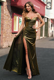 Sparkly Golden Mermaid Strapless Streamer Metallic Long Prom Dress with Slit