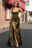 Sparkly Golden Mermaid Strapless Streamer Metallic Long Prom Dress with Slit