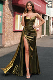 Sparkly Golden Mermaid Strapless Streamer Metallic Long Prom Dress with Slit