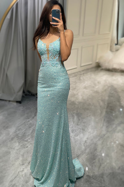 WEDTREND Women Sparkly Light Green Prom Dress Sequins Mermaid Long ...