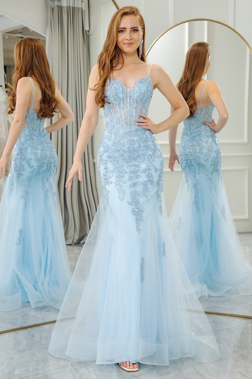 Sky Blue Beaded Mermaid Sky Blue Bridesmaid Dresses With Spaghetti