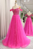 Sparkly Fuchsia A-Line Cold Shoudler Corset Long Prom Dress with Beading