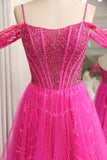 Sparkly Fuchsia A-Line Cold Shoudler Corset Long Prom Dress with Beading